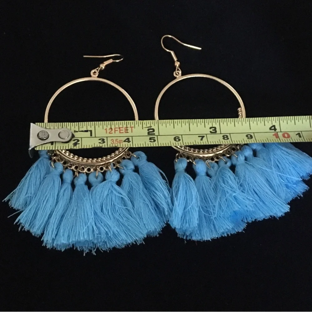 Fan Shaped Blue Tassel Dangle Earrings
